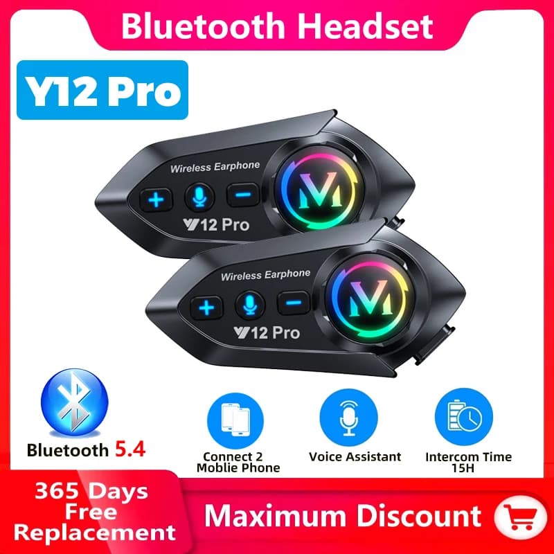 Y12 Pro Motorcycle Helmet Bluetooth Headset Intercom Distance 500M IP56 Dust And Waterproof Voice Assistant Mixing Music Sharing