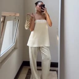 HXAO Satin Pant Sets Women's Two Pieces Set Strapless Off Shoulder Tube Vest 2 Piece Sets Woman Outfit High Waist Trousers Sets