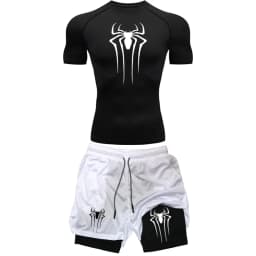 Men's Workout Compression Set Y2K Spider Printed Gym Tshirts Breathable Running Shorts Quick Dry Sports Rash Guard Sportwear Set