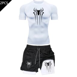 Men's Workout Compression Set Y2K Spider Printed Gym Tshirts Breathable Running Shorts Quick Dry Sports Rash Guard Sportwear Set