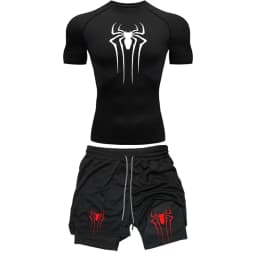 Men's Workout Compression Set Y2K Spider Printed Gym Tshirts Breathable Running Shorts Quick Dry Sports Rash Guard Sportwear Set