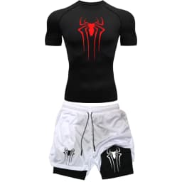 Men's Workout Compression Set Y2K Spider Printed Gym Tshirts Breathable Running Shorts Quick Dry Sports Rash Guard Sportwear Set