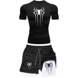 Men's Workout Compression Set Y2K Spider Printed Gym Tshirts Breathable Running Shorts Quick Dry Sports Rash Guard Sportwear Set