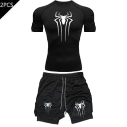 Men's Workout Compression Set Y2K Spider Printed Gym Tshirts Breathable Running Shorts Quick Dry Sports Rash Guard Sportwear Set
