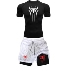 Men's Workout Compression Set Y2K Spider Printed Gym Tshirts Breathable Running Shorts Quick Dry Sports Rash Guard Sportwear Set