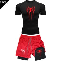 Men's Workout Compression Set Y2K Spider Printed Gym Tshirts Breathable Running Shorts Quick Dry Sports Rash Guard Sportwear Set