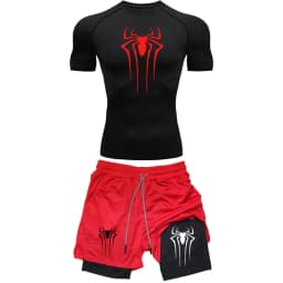 Men's Workout Compression Set Y2K Spider Printed Gym Tshirts Breathable Running Shorts Quick Dry Sports Rash Guard Sportwear Set