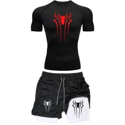 Men's Workout Compression Set Y2K Spider Printed Gym Tshirts Breathable Running Shorts Quick Dry Sports Rash Guard Sportwear Set