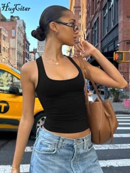 Hugcitar 2025 Summer Solid Straps Sexy Slim Crop Tank Top Women Casual Y2K Clothes Streetwear Party Sport Festivak Wholesale
