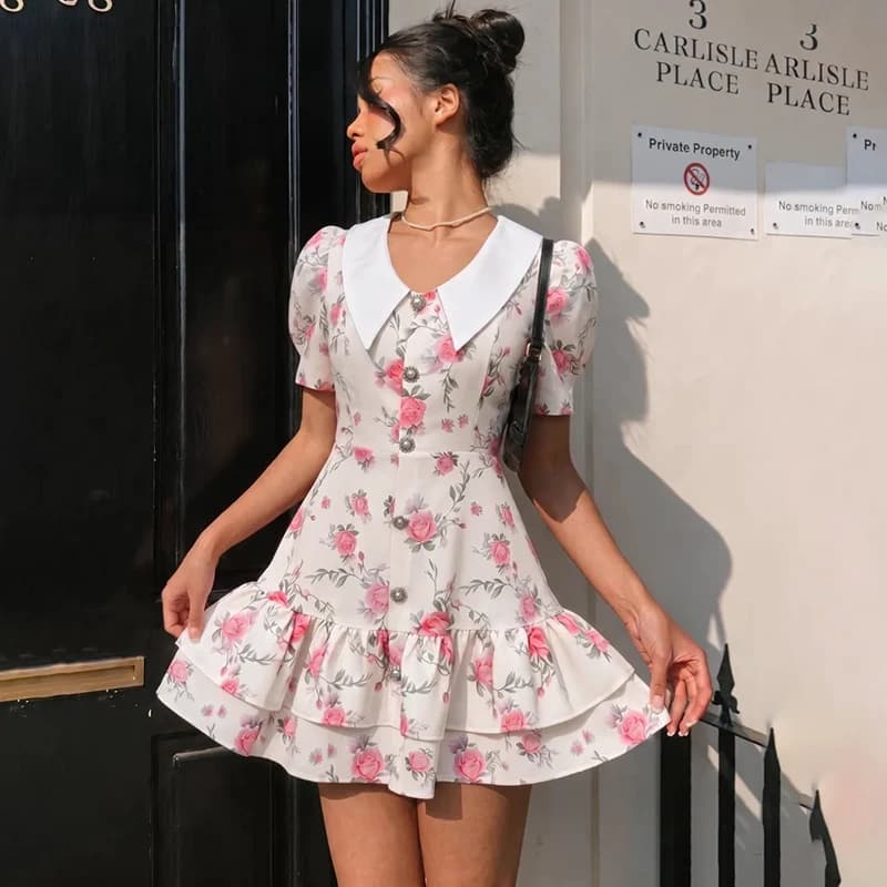 Tornova Print Puff Sleeves Ruffled Dress Women's V-Neck High Waist Pearl Buttons Mini Dress Female Casual Vacation Fashion Dress