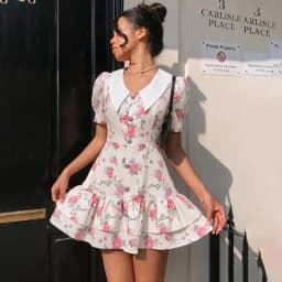 Tornova Print Puff Sleeves Ruffled Dress Women's V-Neck High Waist Pearl Buttons Mini Dress Female Casual Vacation Fashion Dress