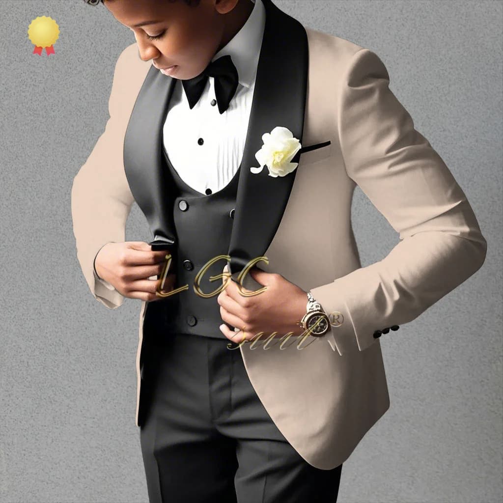 Boys’ Beige 3-Piece Suit with Classic Modern Comfortable Tailoring, Ideal for Weddings, Banquets, Birthdays & Performances