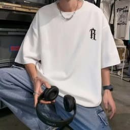 M-8XL Men Oversized Fashion Loose American Vintage Deformed Letter R Print Short Sleeve Round Neck Versatile Trend Couple Outfit