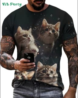 New 3D Cat Print T-Shirt Summer Outdoor Men's Short Sleeved Tee Fashion Round Neck Men's Tops Casual Oversized Men's Clothing
