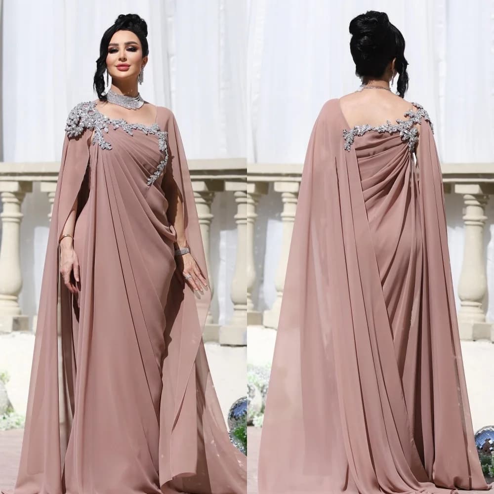 Customized Chiffon Pleat Sequined A-line Square Neck Long Dresses Bespoke Occasion Evening Formal Exquisite