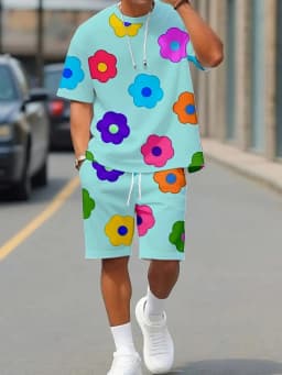 Summer 2025 New Men's Set with Colorful Flower Prints, Casual Set with Round Neck, Short Sleeve T-Shirt and Shorts, Summer Outdo