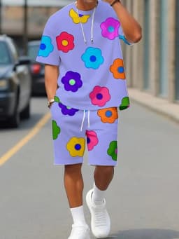 Summer 2025 New Men's Set with Colorful Flower Prints, Casual Set with Round Neck, Short Sleeve T-Shirt and Shorts, Summer Outdo