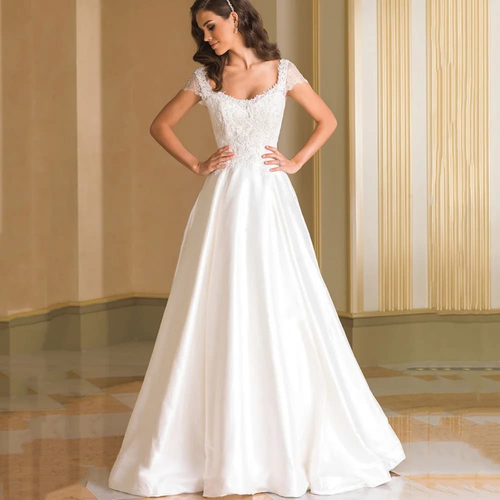 Lace Elegant Customized Wedding Dresses A Line Bride Dress Short Sleeve Scoop Collar Bridal Gown Backless Vestido De Novia