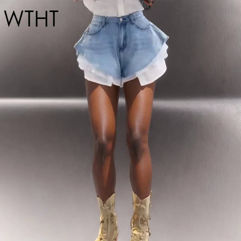 WTHT New Fashion Women's Patchwork Hem Wash Denim Shorts 2025 Summer Trendy High Waist A-line Short Pants Female 1LS1393
