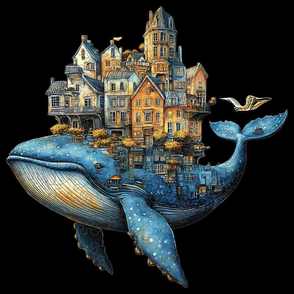Wooden Puzzle for Adults -Whale Castle Puzzle, Unique Shape Wooden Jigsaw Puzzles, Modern Art Home Decor, Good Gift Idea