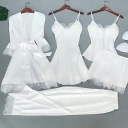 White 5PCS Sleep Set Pajamas Lady Lace Satin Pyjamas Kimono Bath Gown Loose Sleepwear Home Cloting V-Neck Casual Nightwear