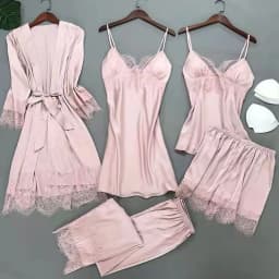 White 5PCS Sleep Set Pajamas Lady Lace Satin Pyjamas Kimono Bath Gown Loose Sleepwear Home Cloting V-Neck Casual Nightwear
