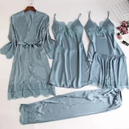 White 5PCS Sleep Set Pajamas Lady Lace Satin Pyjamas Kimono Bath Gown Loose Sleepwear Home Cloting V-Neck Casual Nightwear