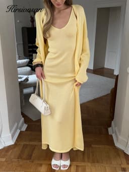 Hirsionsan Soft Loose Sets Women Three Pieces Long Sleeve Cardigan & Sexy Vest Dresses Elegant Female Hollow Outfits Tracksuit