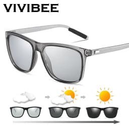 VIVIBEE Color Change Grey Frame Photochromic Polarized Sunglasses Men Square Classic Chameleon Glaases Transition Lens Eyewear