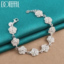 DOTEFFIL 925 Sterling Silver Full Rose Flower Chain Bracelet For Women Wedding Engagement Party Fashion Charm Jewelry