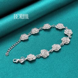 DOTEFFIL 925 Sterling Silver Full Rose Flower Chain Bracelet For Women Wedding Engagement Party Fashion Charm Jewelry