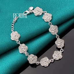 DOTEFFIL 925 Sterling Silver Full Rose Flower Chain Bracelet For Women Wedding Engagement Party Fashion Charm Jewelry
