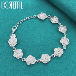DOTEFFIL 925 Sterling Silver Full Rose Flower Chain Bracelet For Women Wedding Engagement Party Fashion Charm Jewelry
