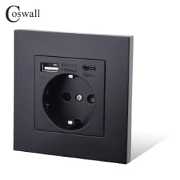 COSWALL EU Spain Russia Wall Socket Grounded USB Type A & Type-C Charge Port 2A Output Max. PC Panel Matte Black E20 Series