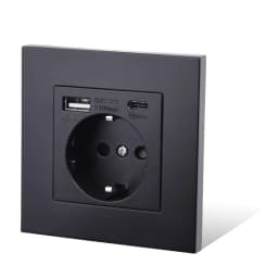 COSWALL EU Spain Russia Wall Socket Grounded USB Type A & Type-C Charge Port 2A Output Max. PC Panel Matte Black E20 Series