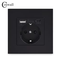 COSWALL EU Spain Russia Wall Socket Grounded USB Type A & Type-C Charge Port 2A Output Max. PC Panel Matte Black E20 Series