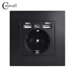 COSWALL EU Spain Russia Wall Socket Grounded USB Type A & Type-C Charge Port 2A Output Max. PC Panel Matte Black E20 Series