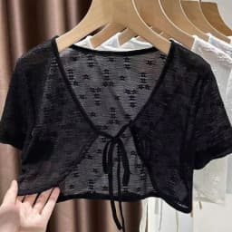 1pcs Summer Tie Up Cardigan Women Sexy Thin Short Sleeve Lace Coat Female Cardigan Paired With Camisole Long Skirt Lady Shawl