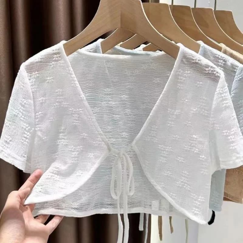 1pcs Summer Tie Up Cardigan Women Sexy Thin Short Sleeve Lace Coat Female Cardigan Paired With Camisole Long Skirt Lady Shawl