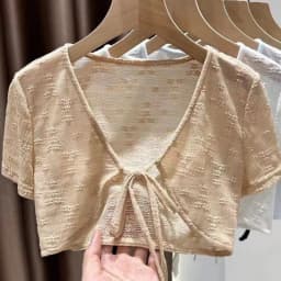 1pcs Summer Tie Up Cardigan Women Sexy Thin Short Sleeve Lace Coat Female Cardigan Paired With Camisole Long Skirt Lady Shawl