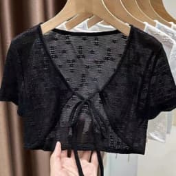 1pcs Summer Tie Up Cardigan Women Sexy Thin Short Sleeve Lace Coat Female Cardigan Paired With Camisole Long Skirt Lady Shawl
