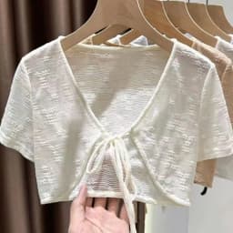 1pcs Summer Tie Up Cardigan Women Sexy Thin Short Sleeve Lace Coat Female Cardigan Paired With Camisole Long Skirt Lady Shawl