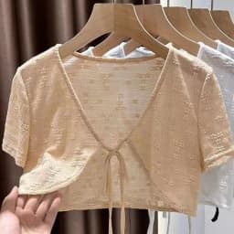 1pcs Summer Tie Up Cardigan Women Sexy Thin Short Sleeve Lace Coat Female Cardigan Paired With Camisole Long Skirt Lady Shawl