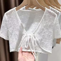 1pcs Summer Tie Up Cardigan Women Sexy Thin Short Sleeve Lace Coat Female Cardigan Paired With Camisole Long Skirt Lady Shawl