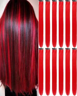 12 PCS Long Straight Synthetic Black Hair Extensions Clip in Colored Party Highlights Hairpieces for Women Kids Girls Halloween