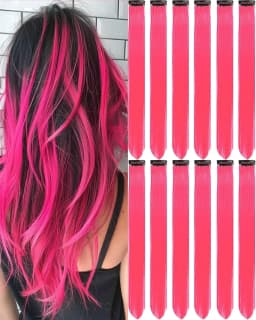 12 PCS Long Straight Synthetic Black Hair Extensions Clip in Colored Party Highlights Hairpieces for Women Kids Girls Halloween