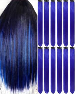 12 PCS Long Straight Synthetic Black Hair Extensions Clip in Colored Party Highlights Hairpieces for Women Kids Girls Halloween