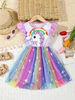 Summer Kids Baby Girl's Dress Cute Cartoon Printed Sleeveless Princess Dress Colorful Mesh Kids Ball Gown Baby Girls Clothes