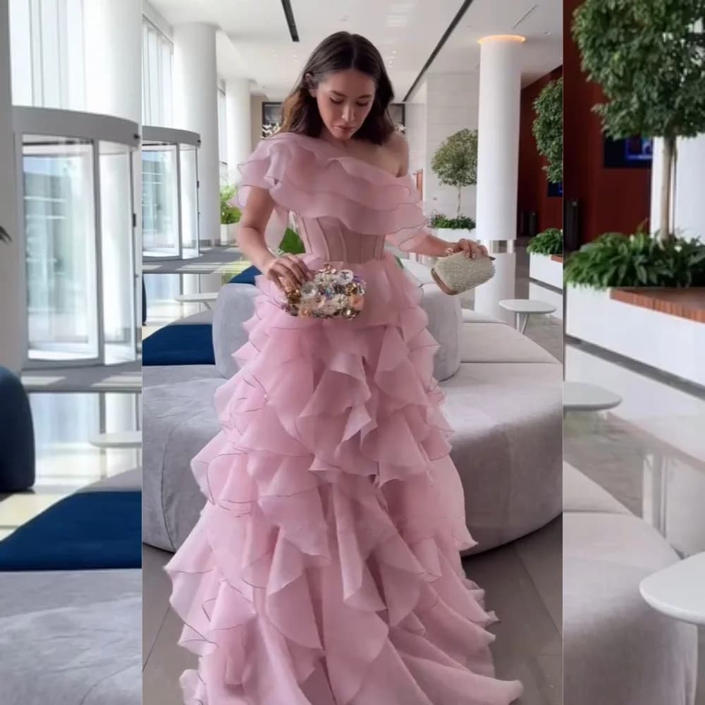 Customized Sparkle Organza Pleat Ruffle A-line Off-the-shoulder Long Dresses Bespoke Occasion Prom High Quality Exquisite