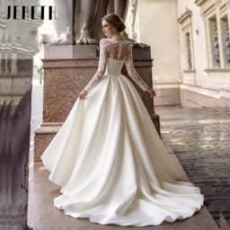 JEHETH Elegant Long Sleeves Satin Wedding Dress A-Line Lace With Pocket Bride Gowns Scoop Neck 2027 Customized Bridal Dresses